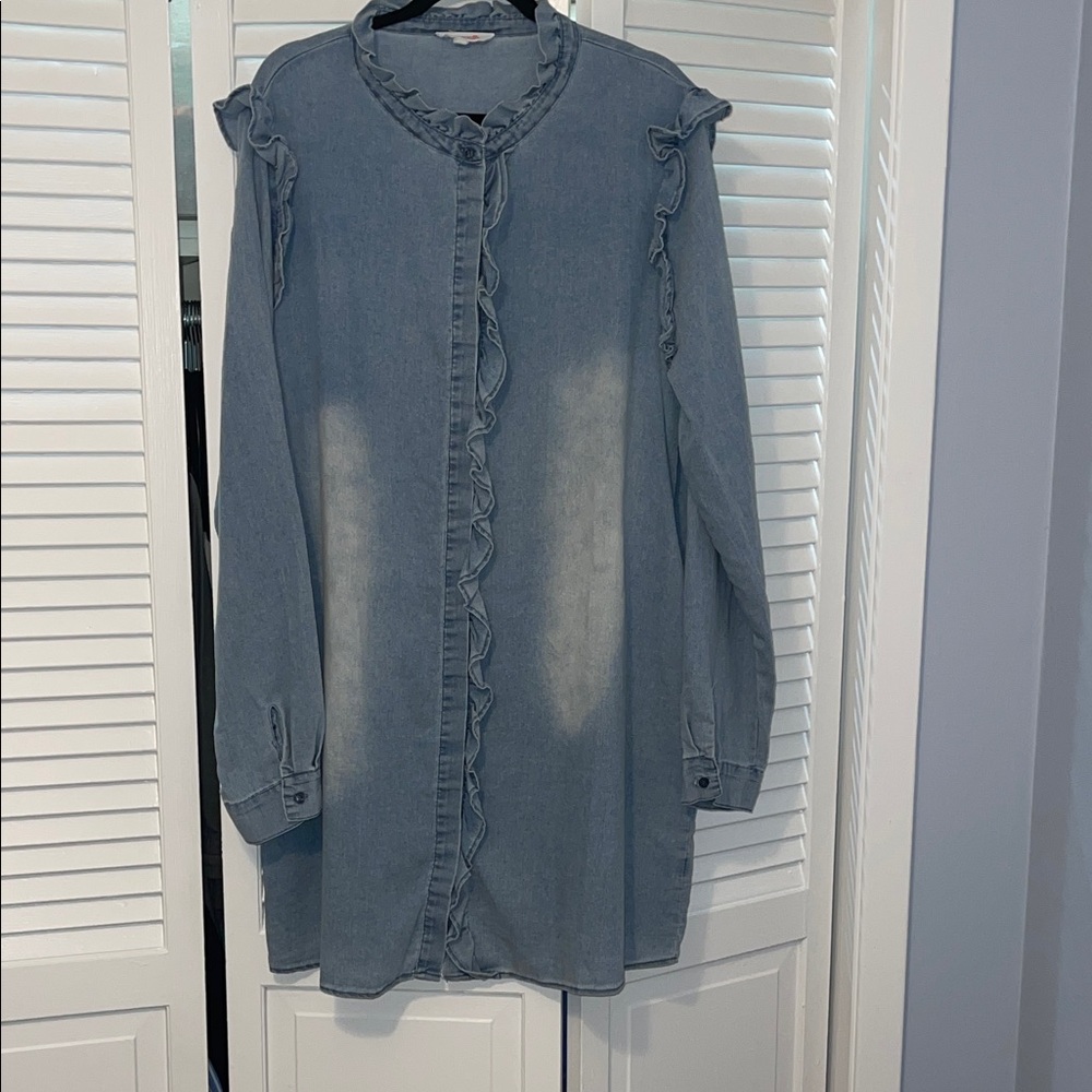 Stylish Ruffle-Trim Denim Shirt Dress - Gray